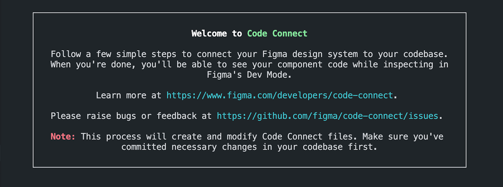 Example of the Code Connect interactive setup running in the terminal